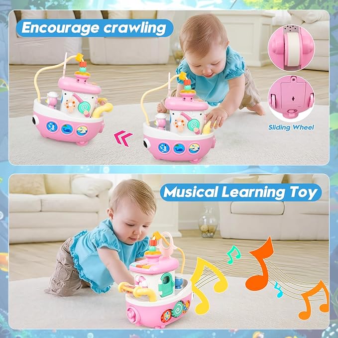 Toys for 1+ Year Old Girls - Baby Toys Crawling Boat with Music and Sound, 9-in-1 Baby Musical Toys 18+ Months Age, First Christmas 1st Birthday Gifts for 1+ Year Old