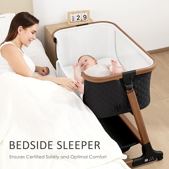 Electric Smart Baby Bassinet & Bedside Bassinet with 5 Rocking Speeds, 3 Timer Modes, 12 Soothing Musics, 6 Adjustable Heights, Large Storage Basket (Black)