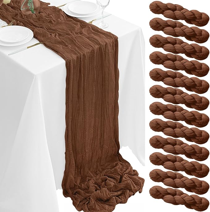 12Pack Brown Table Runner 35 x 120 inch Cheesecloth Table Runner 10FT Boho Table Runners Rustic Gauze Cheese Cloth Table Runners for Party Wedding Birthday Dining Bridal Shower Baby Shower Decor