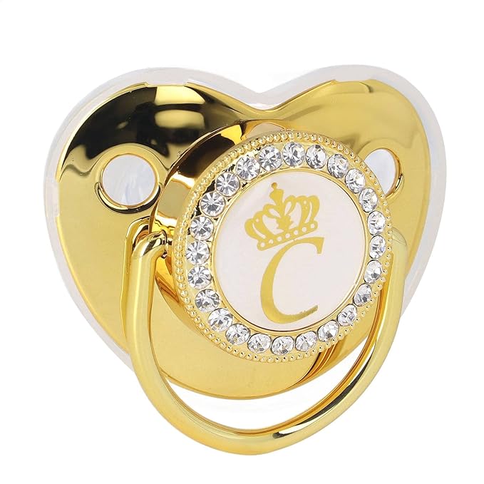 Golden Letter Baby Pacifier, Personalized Bling Pacifier with Pacifier Clips and Anti-Dust Cover for Baby Shower Newborn Birthday Photography ()