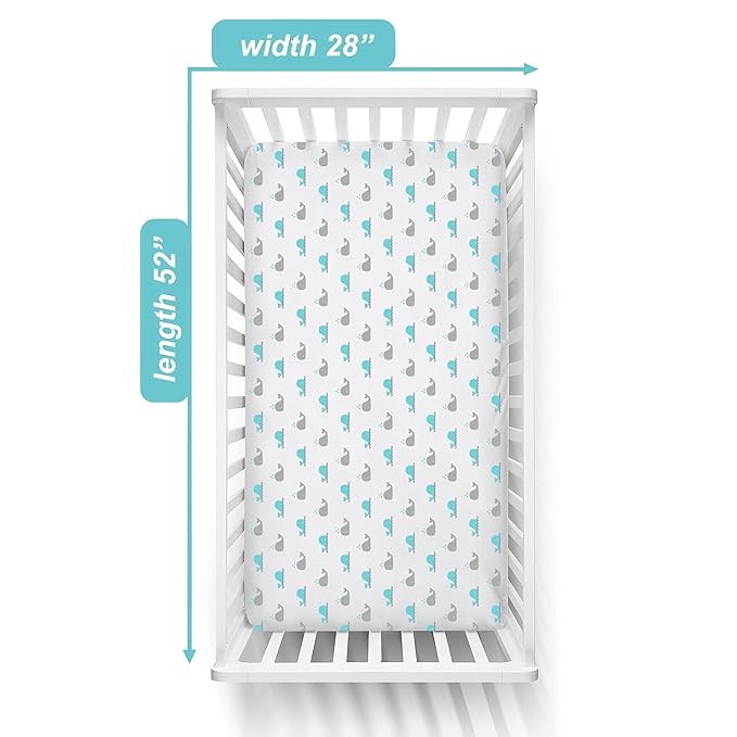 American Baby Company 4 Pack Fitted Crib Sheets 28" x 52", Soft Breathable Neutral 100% Cotton Jersey Sheet, Blue Zigzag/Aqua Whale/Gray/White, for Boys and Girls, Fits Crib and Toddler Bed mattresses