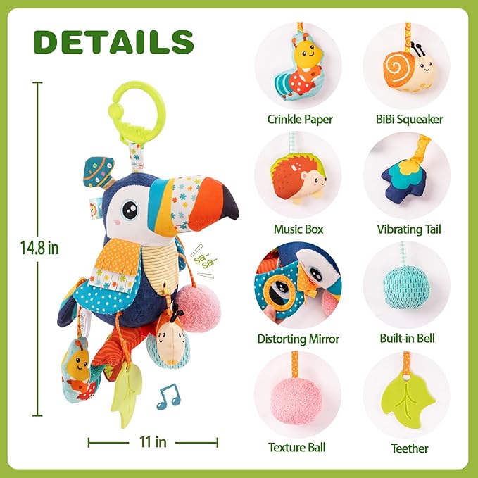 Jollybaby Musical Activity Pull String Hanging Toy for Baby Stroller Car Seat Crib Play Gym, Plush Stuffed Toucan Sensory Toys for Carseat with Music Teether Rattles, Baby Boys and Girls Gift