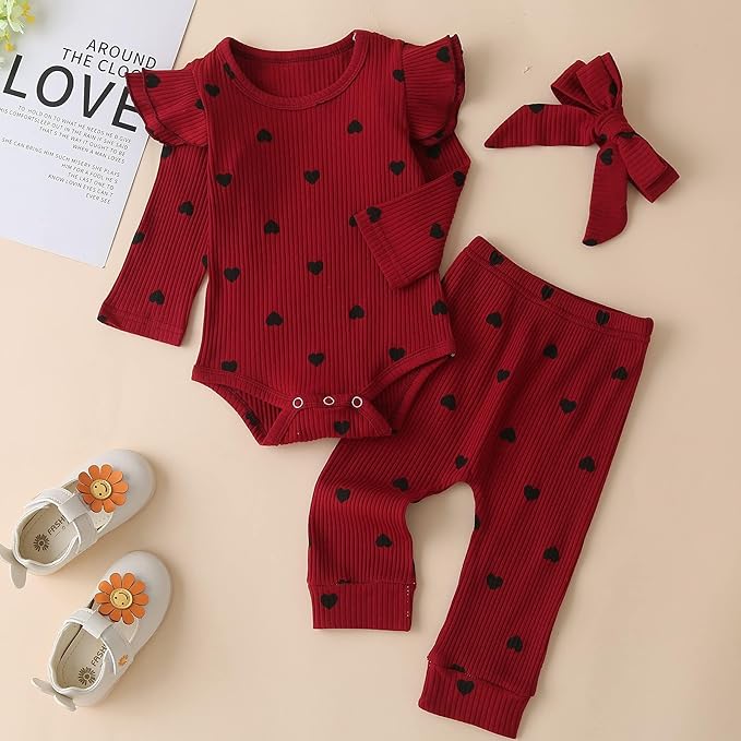 Fullfamous Baby Girl's 3pc Rib Frill Long Sleeve Romper and Pant Set