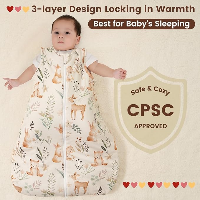 PHF 100% Cotton Baby Sleep Sack 6-12 Months, 2.5 TOG Winter Baby Wearable Blanket with 2-Way Zipper, Warm Comfy Quilted Sleeping Bags, Infant Sleeping Sack for Newborn Boys, Medium Size, Woodland