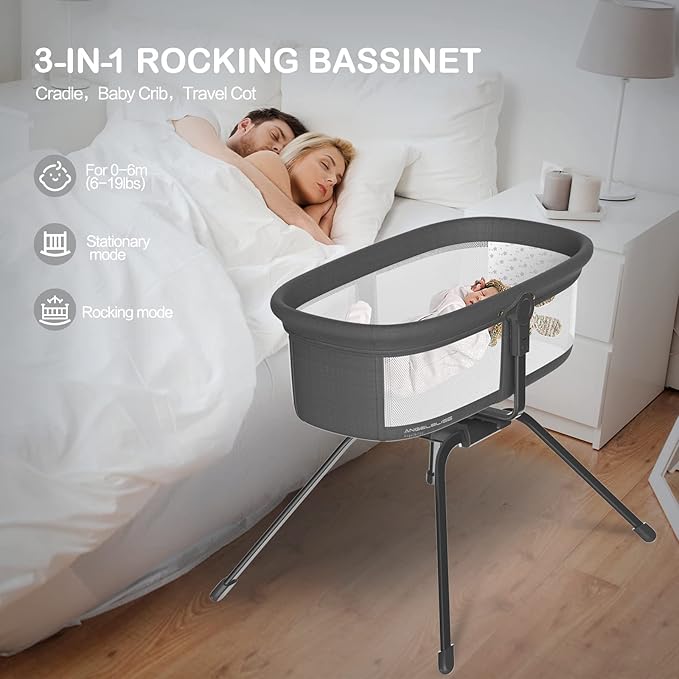 ANGELBLISS 3 in 1 Rocking Bassinet & Baby Bassinet Bedside Sleeper, One-Second Convert Travel Portable Bassinet Newborn Baby (Black)