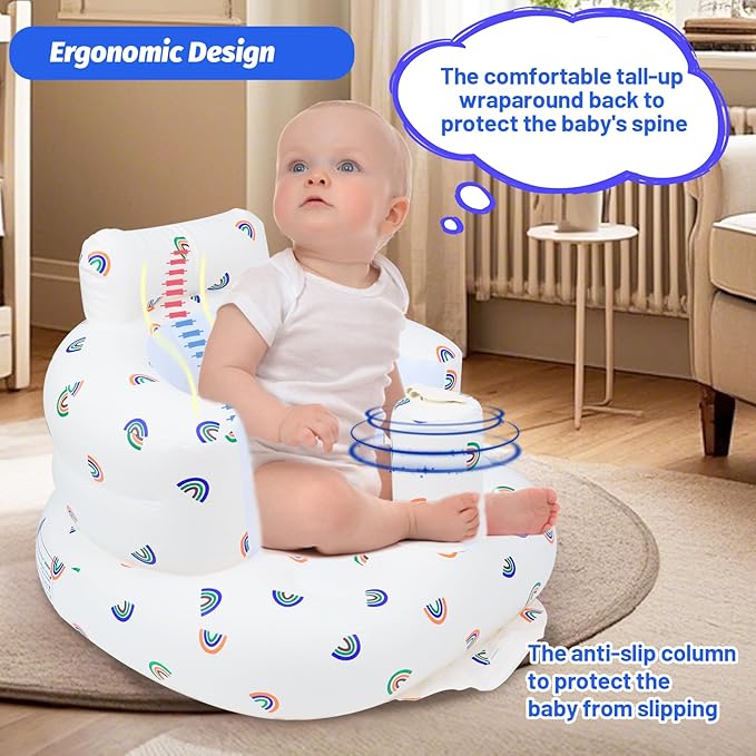 Inflatable Baby Chair, Baby Inflatable Seat for Babies 3 Months and Up Summer Inflatable Baby Seat for Sitting Up, Blow Up Baby Floor Seat with Built in Air Pump, Rainbow