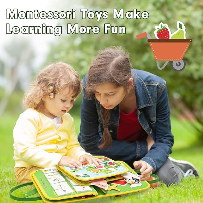 Toddler Busy Board Montessori Toys, Sensory Board Busy Book for Toddlers 1-3 Birthday Gifts - Preschool Learning Life Skills, Farm Green, 8 Pages