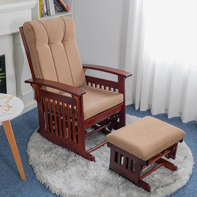 Glider Rocking Chair Nursery with Ottoman Smooth Rocking Motion, Easy to Assemble, Solid Hardwood Base Indoor Adult (Brown)