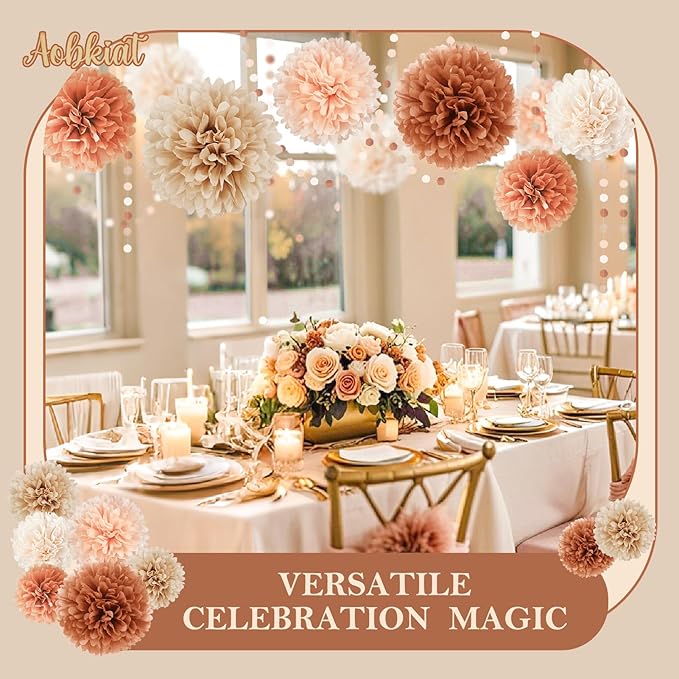 AOBKIAT Boho Fall Wedding Baby Shower Decorations,15PCS Brown Peach Tissue Paper Pom Poms,Circle Dots Colorful Paper Garland String Hanging Backdrop for Birthday Party,Retro Bridal Shower Engagement