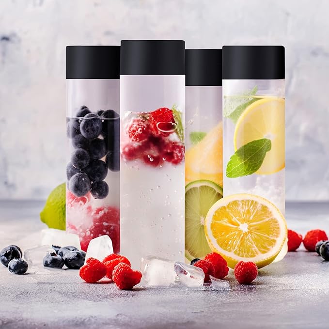 Tanlade 24 Pcs Clear Plastic Bottles Empty Sensory Bottles with Caps PET Plastic Juice Reusable Leakproof Drink Container Bulk for Juice Milk (12 Oz/ 350 ml,Black Lid)