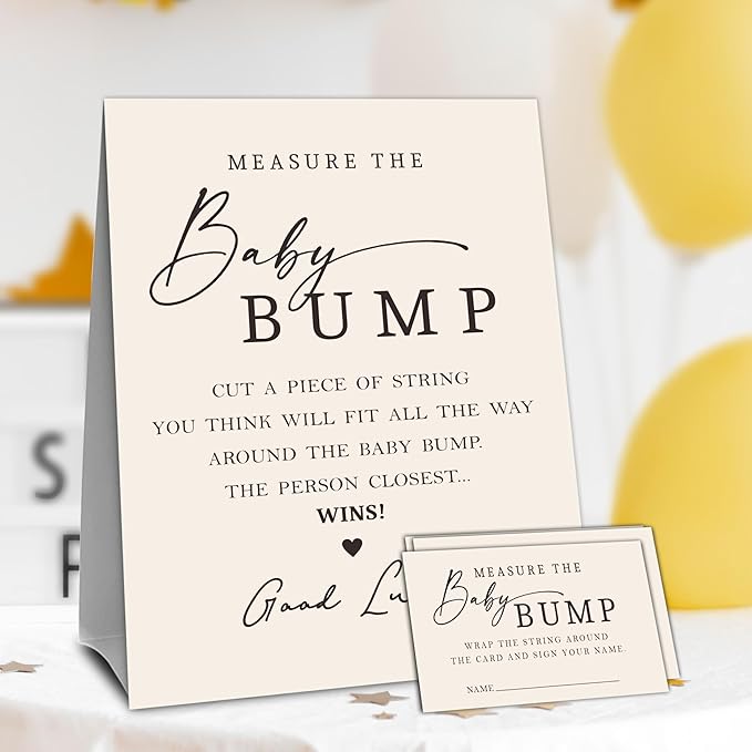 Beige Baby Shower Measure The Baby Bump, Measure Mommy's Belly Game Set - 1 Self-Standing Sign And 50 Tickets - Gender Reveal, Baby Shower, Baby Announcement Activity & Party Favor Supplies - A14