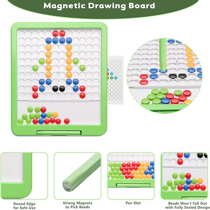 Magnetic Drawing Tablet, Magnetic Doodle Board for Kids with Dot Beads and Pattern Book, Montessori Educational Travel Toy for Boys and Girls 3 4 5 6 Years Old (Green)