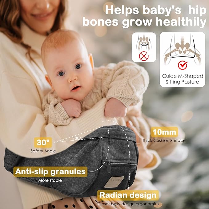 Baby Hip Seat Carrier, Adjustable Waistband with 3D Abdominal Support & Various Pockets Ergonomic Carrier for Newborns to Toddlers up to 33 lbs Medium Dark Grey