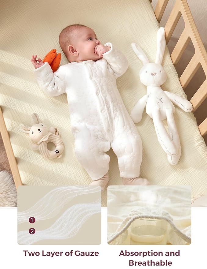 Momcozy Best Wishes Muslin Fitted Mini Crib Sheets, 38''x26'', 2 Pack Soft Breathable Natural Cotton Baby Mattress Sheet, 360° Mattress Wrapping Boys Girls Neutral Toddler Bed Sheet, Bravery Giraffe