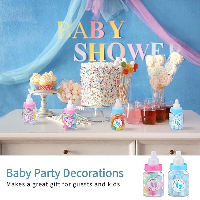 Tondiamo 48 Pcs Blue Pink Baby Shower Mini Bottle Favors 1. 5 x 3. 5 Inch Baby Shower Candy Jar Mini Milk Bottle Party Favor Fillable Gift Boxes for Boys Girls Birthday Party Games Decorations