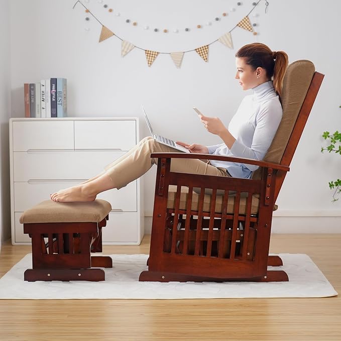 Glider Rocking Chair Nursery with Ottoman Smooth Rocking Motion, Easy to Assemble, Solid Hardwood Base Indoor Adult (Brown)