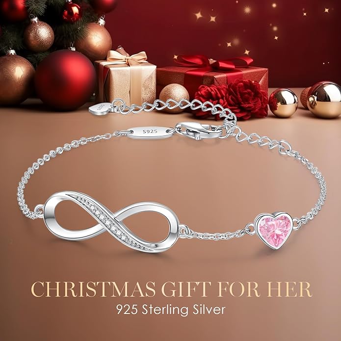 CDE Infinity Heart Birthstone Charm Link Bracelet for Women 925 Sterling Silver Adjustable Mother's Day Gift Anniversary Birthday Jewelry for Wife Girlfriend Her