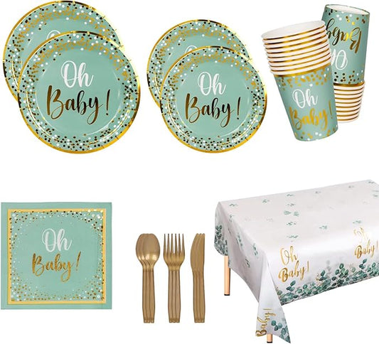 141PCS Sage Greenery Baby Shower Party Supplies Disposable OH Baby Tablecloth Paper Plates Napkins Cups Knives Spoons Forks for Boy Girl Birthday Party Decorations Serve 20