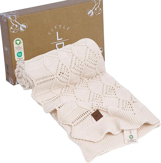 Emily 100% Organic Cotton Baby Knitted Blanket with Gift Box - Soft Toddler, Crib, Stroller Blanket - Neutral Swaddle and Receiving Blanket for Newborns, 30"x40", Earth Ivory