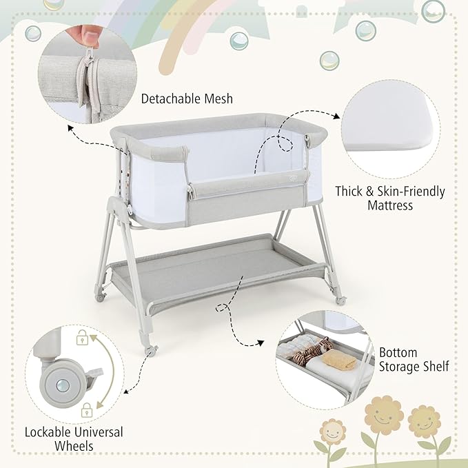 BABY JOY Bassinet Bedside Sleeper, Easy Folding Baby Crib w/All-Side Mesh, Storage Shelf, 7 Adjustable Heights, Mattress & Travel Bag for Safe Co-Sleeping, Portable Baby Bed for Newborn Infant -Gray