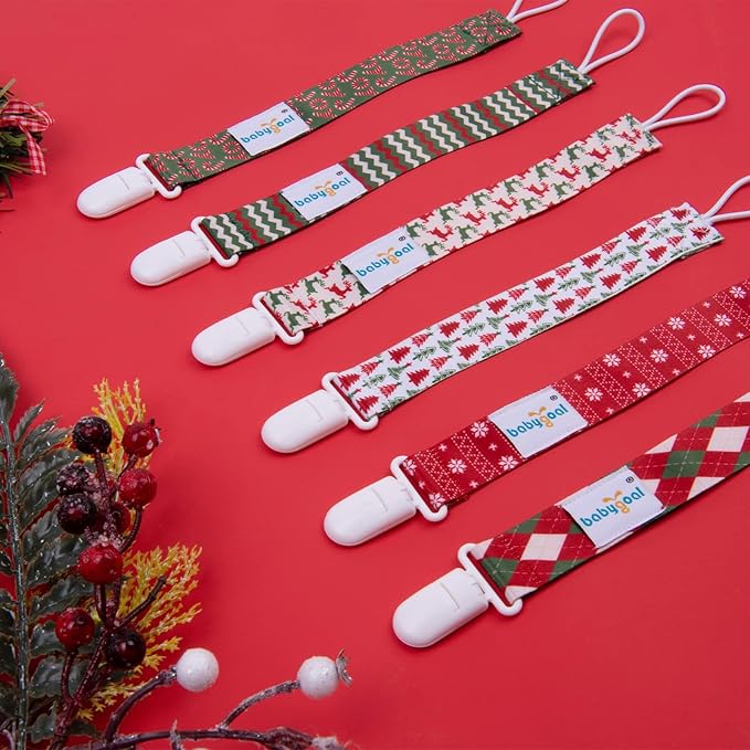 Babygoal Christmas Pacifier Clips, 6 Pack Binky Paci Holder and Leash for Boys and Girls Fits for Most Pacifier, Binkie Styles & Baby Teethers & Toys and Xmas Gift 6PB19
