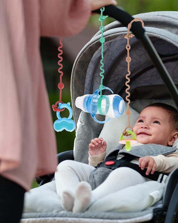 Toy Straps for Baby, 5pcs Adjustable Toy Holder for Stroller Accessories, Silicone Baby Tether Pacifier Clip, No Throw Baby Travel Essential Leash for High Chair, Car Seat (4-Pack)