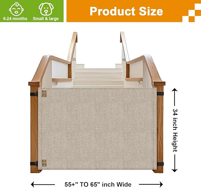 Baby Fabric Gate for Stairs Banisters - Dog and Pet Safety Barrier Gates for Stairway - No Drill Banister to Banister Baby Kids Gates for Stairs (Apricot, Wide 55" to 65" Height 34")