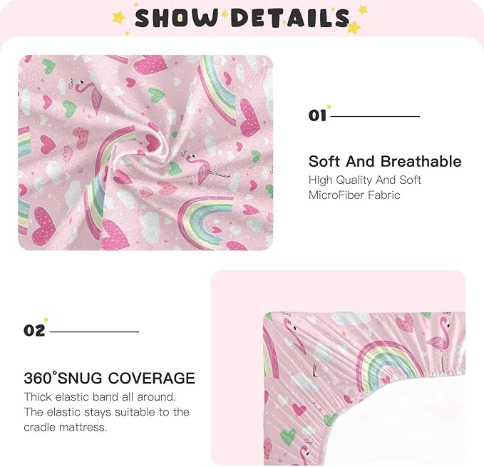 Baby Crib Sheets Cute Flamingo Crib Sheets for Boys Girls,Neutral Bassinet Toddler Bed Play Sheets Breathable Soft and Portable 52 * 28 * 9in