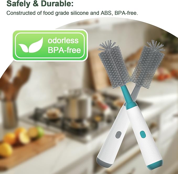 Electric Baby Bottle Brush Cleaner with Extended Handle & Drying Holder, Baby Bottle Brush Set with Silicone Bottle/Nipple/Crevice/Brush,Straw Cleaner,Lifesaver Automatic Bottle Cleaner,Gray
