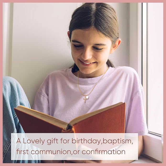 Delicate Cross Necklace for Girls : Gold Plated Pearl Heart Cubic Zirconia Cross Chain Necklace Christening Jewelry Baptism First Communion Confirmation Easter Gifts Teen Kids Little Girl