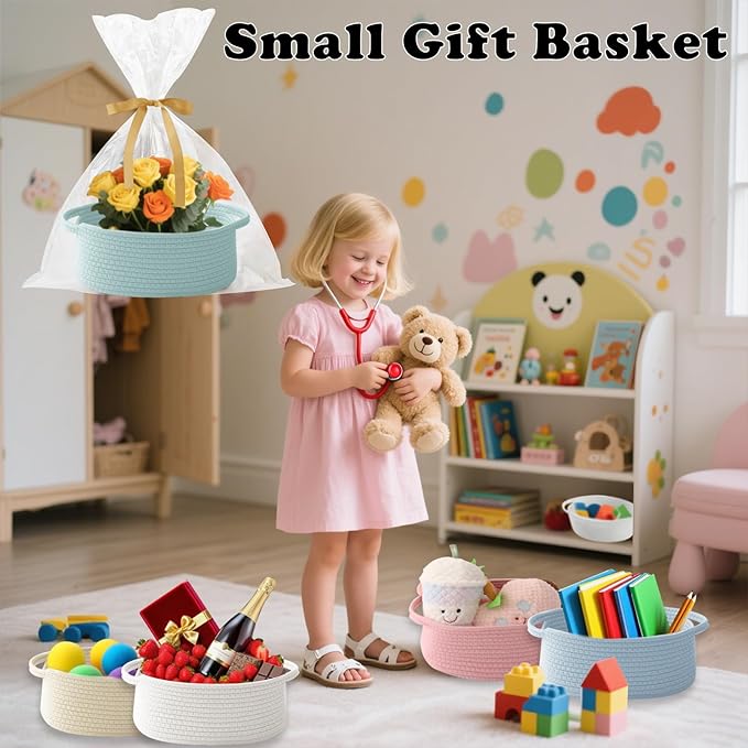 Gift Basket with Gift Bag and Ribbons,Small Rope Woven Shelf Storage,Baskets for Gifts Empty,Birthday,Shower,Decorative Organizer Box for Cat Dog Pet with Handles(Aqua)