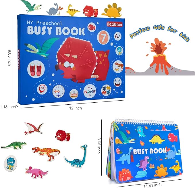 Freebear Busy Book for Toddlers Preschool Learning Activities Resources Autism Sensory Montessori Toys for 2-3 Year Old,Travel Toys, Gifts for Girls and Boys 4 5 6 Years (Dinosaur World)