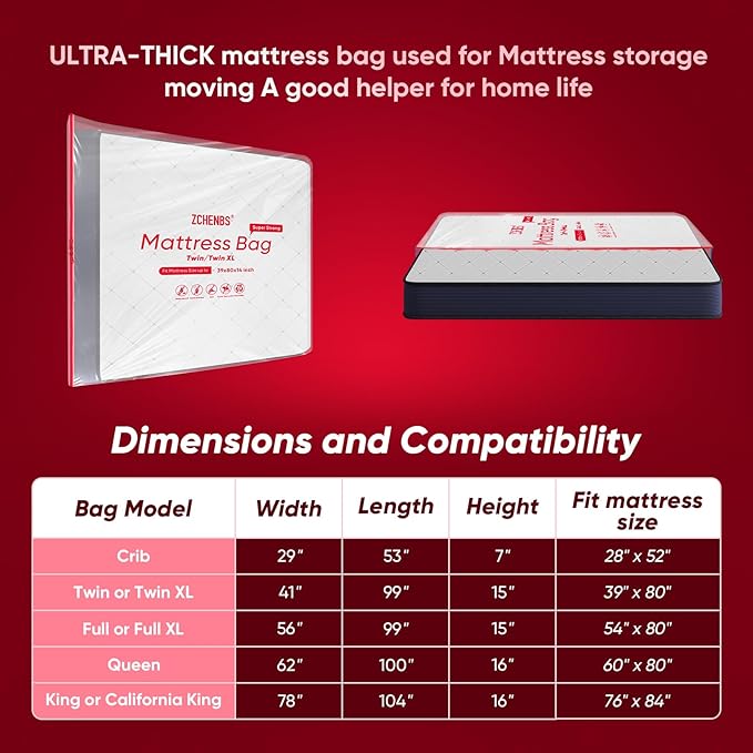 ZCHENBS® – Mattress Bags for Moving and Storage,Mattress Bag with Zippers,5 Mil Ultra-Thick Bed Bag,Waterproof,Anti-Tear,Heavy-Duty Mattress bag (Transaparent/Red, Twin/Twin XL-(1 Pack))