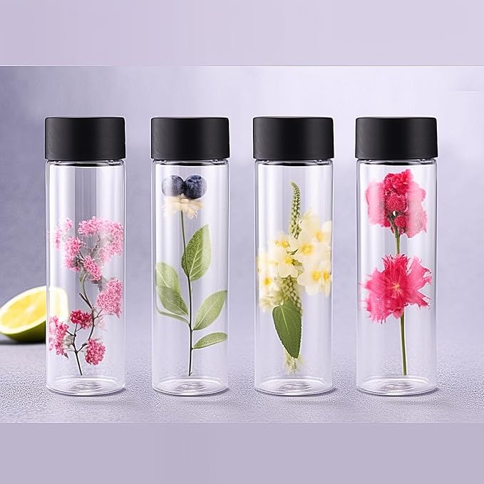 Tanlade 24 Pcs Clear Plastic Bottles Empty Sensory Bottles with Caps PET Plastic Juice Reusable Leakproof Drink Container Bulk for Juice Milk(10 Oz/ 300 ml,Black Lid)
