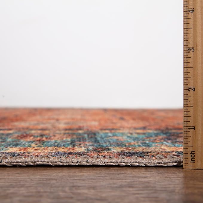 Bloom Rugs Washable Non-Slip 10 ft Runner - Orange/Teal Blue Traditional Bordered Runner for Entryway, Hallway, Bathroom, and Kitchen - Exact Size: 2.5' x 10'
