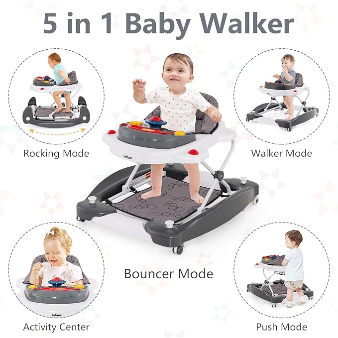 INFANS Baby Walker, 5 in 1 Behind Walker Learning Seated Rocker Bouncer with Removable Music Tray, Adjustable Height, Washable Seat Cushion, Foldable Activity Center for Toddlers (Grey)