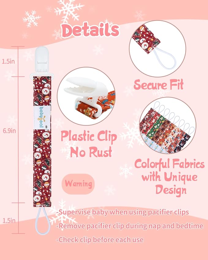 Babygoal Christmas Pacifier Clips 8 Pack, Pacifier Holder Clips for Baby Boys and Girls Fits for Most Pacifier, Binkie Styles & Baby Teethers & Toys and Gift 8PS38-B
