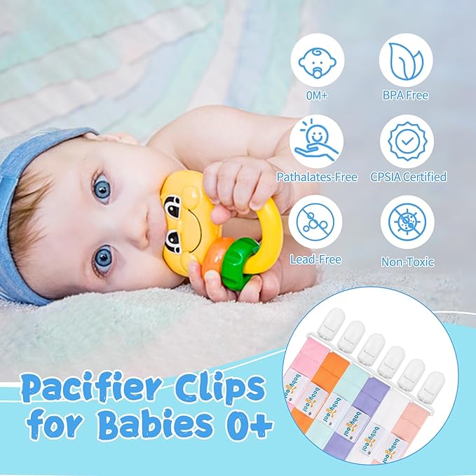 Babygoal Pure Color Pacifier Clips, 6 Pack Binky Paci Holder Clips and Leash for Boys and Girls Fits for Most Pacifier, Binkie Styles & Baby Teethers & Toys and Gift 6PS23