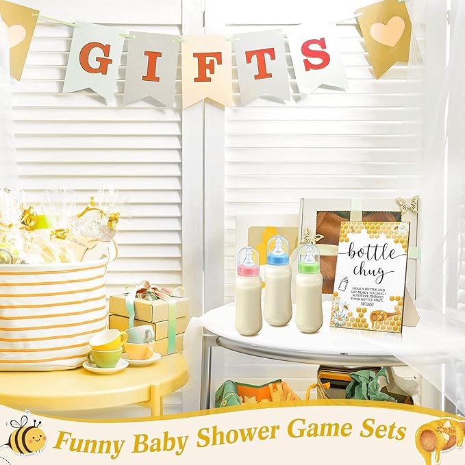 Roowest Bottle Chug Baby Shower Game Favors 12 Pcs Baby Bottles Shower Favor with 1 Wooden Sign for Gender Reveal Party Supplies Gifts(Bee)