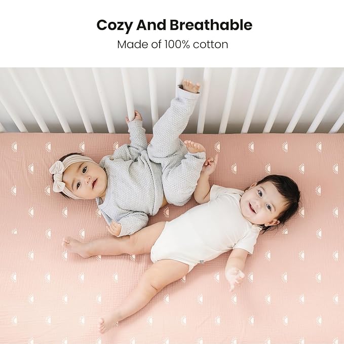 Konssy Muslin Crib Sheets for Girl Boy, 2 PCS Soft and Breathable Cotton Baby Sheets for Standard Crib Mattress, 52"x 28" (Pink Sun,Khaki Leaf)