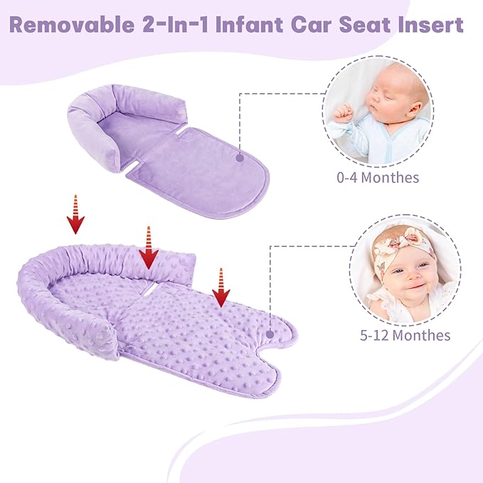 Infant Car Seat Insert, HNHUAMING Baby Car Seat Head & Body Support with 2 Strap Pads, Ultra Soft Newborn Preemie Carseat Insert Cushion for Girls Boys, Fits Car Seat, Stroller, Swing, Bouncer, Purple