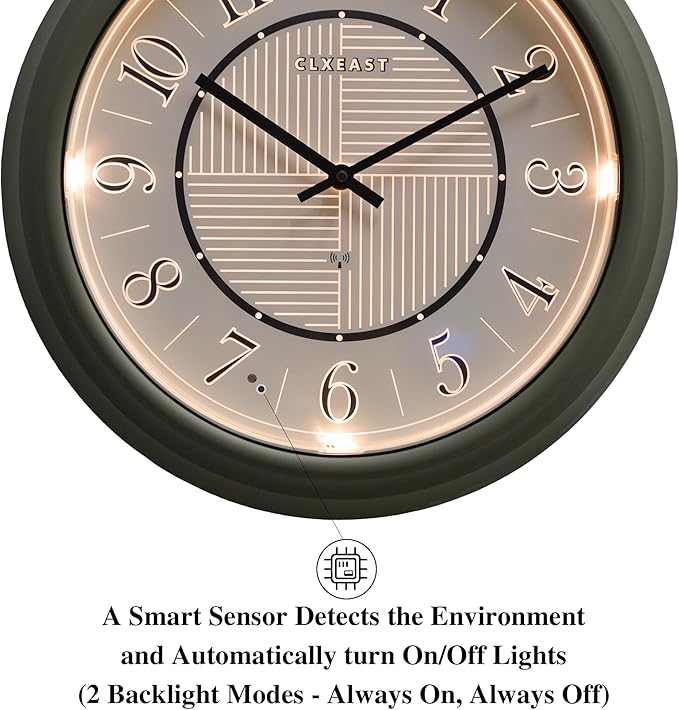 CLXEAST 14" LED Illuminated in/Outdoor Atomic Analog Wall Clock with Night Light,Coastal Beach Nautical Wall Clocks for Outdoor Patio Garden Decor, Olive Sage Green Finish