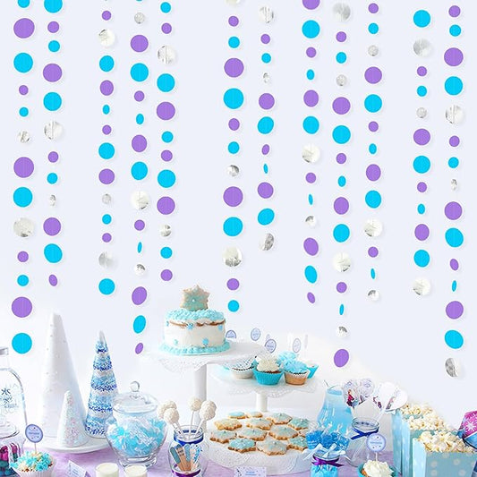46 Ft Frozen Party Decorations Purple Blue Silver Polka Dots Garlands Hanging Paper Circle Dots Streamer for Frozen Birthday Winter Wonderland Christmas Holiday Wedding Baby Shower Party Supplies