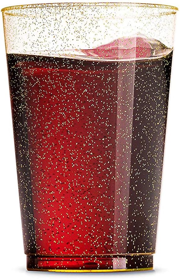 WDF 100pcs 12OZ Gold Cups - Disposable Gold Glitter Plastic Cups - Premium Wedding - Party for Thanksgiving, Christmas