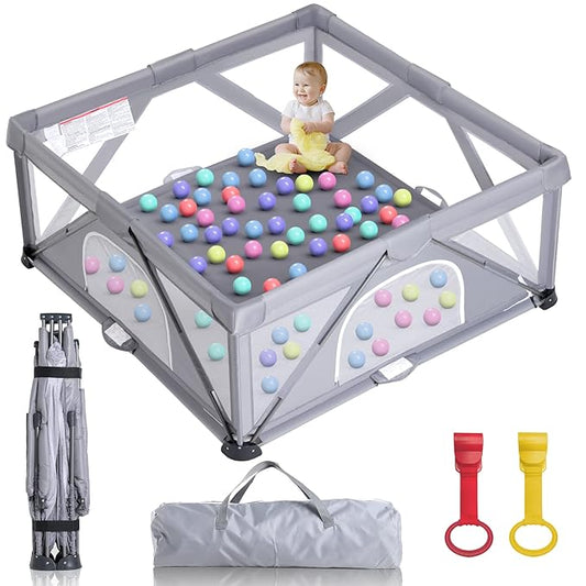 Foldable Baby Playpen,Extra Large Play Pen for Babies and Toddlers(Gray,59"X59")