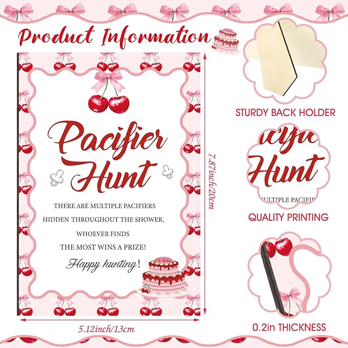 Thyle 51 Pcs Pacifier Hunt Baby Shower Games Include Hunt Sign and 50 Acrylic Pacifiers for Baby Shower Game Decoration Gift Sets Gender Reveal Party Decor (Cherry)