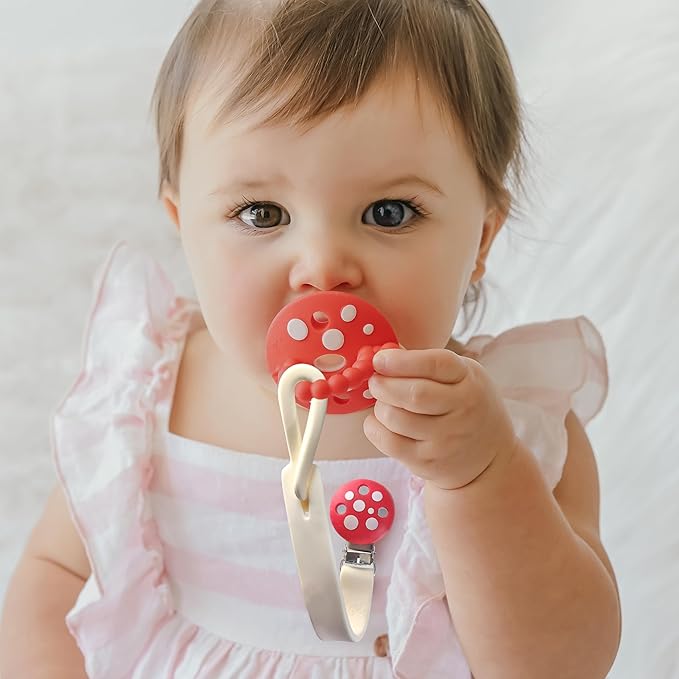 RaZbaby Chompy Silicone Pacifier Holder Clip Set – 2 Pack Textured, Soft & Flexible Binky Clips with Universal Fit, BPA-Free, Durable & Lightweight for Babies 0M+, Red/Green – 2 Pack (Red/Blue)