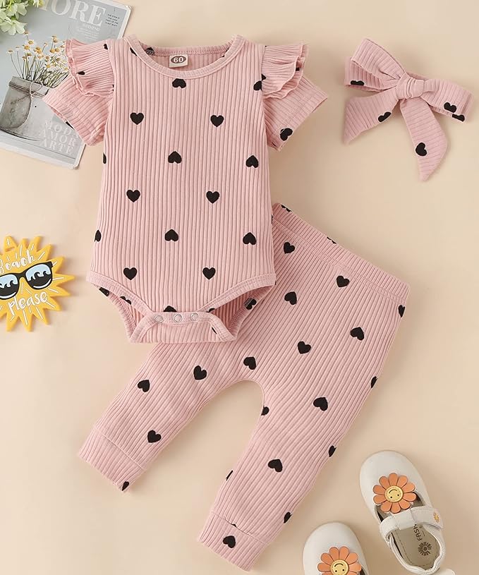 Fullfamous Baby Girl's 3pc Rib Frill Long Sleeve Romper and Pant Set