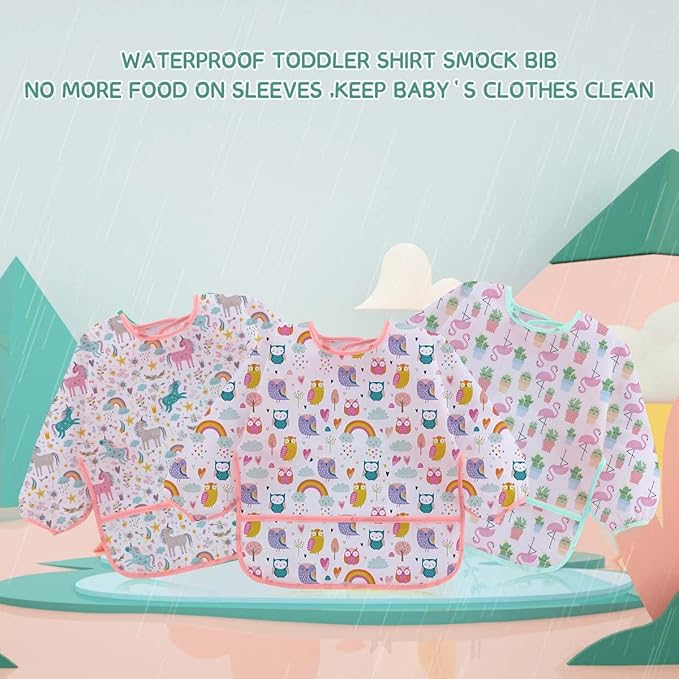 3 Pcs Waterproof Long Sleeves Baby Bibs Weaning Smock Bib 3-24 Months