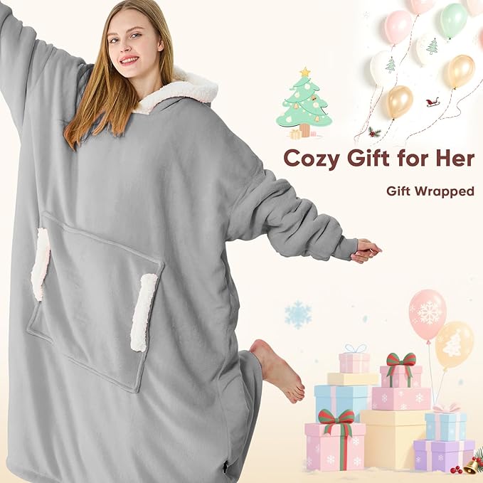 yescool Wearable Blanket Hoodie - birthday gifts for Adults/Women/mom, Flannel Cozy Sherpa Fleece Blanket Sweatshirt with Hood, Pocket & Sleeves,Largre, One Size Fits All (Cloud)